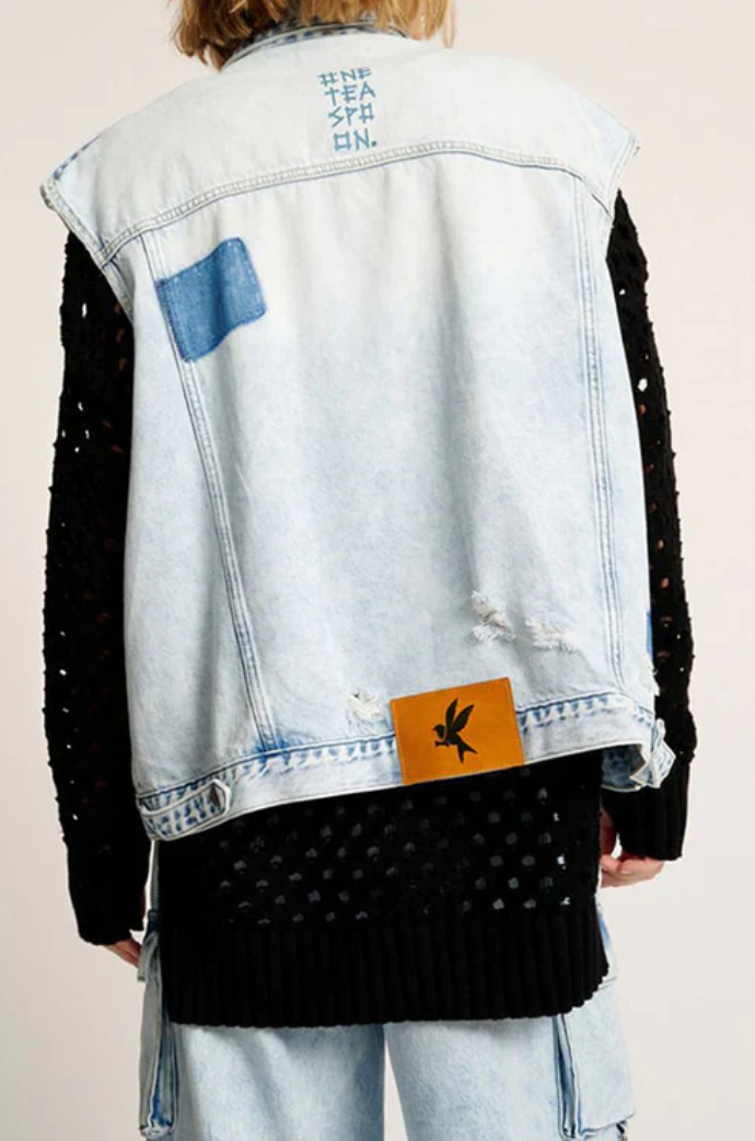 One Teaspoon Depeche Blue Oversized Denim Trucker Sleeveless Jacket