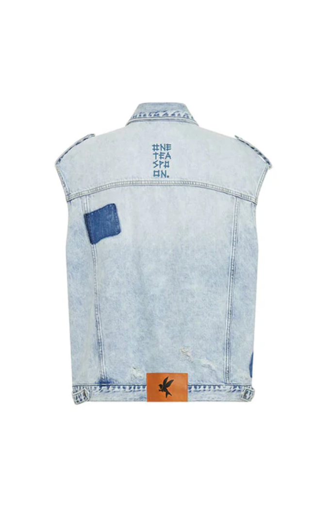 One Teaspoon Depeche Blue Oversized Denim Trucker Sleeveless Jacket