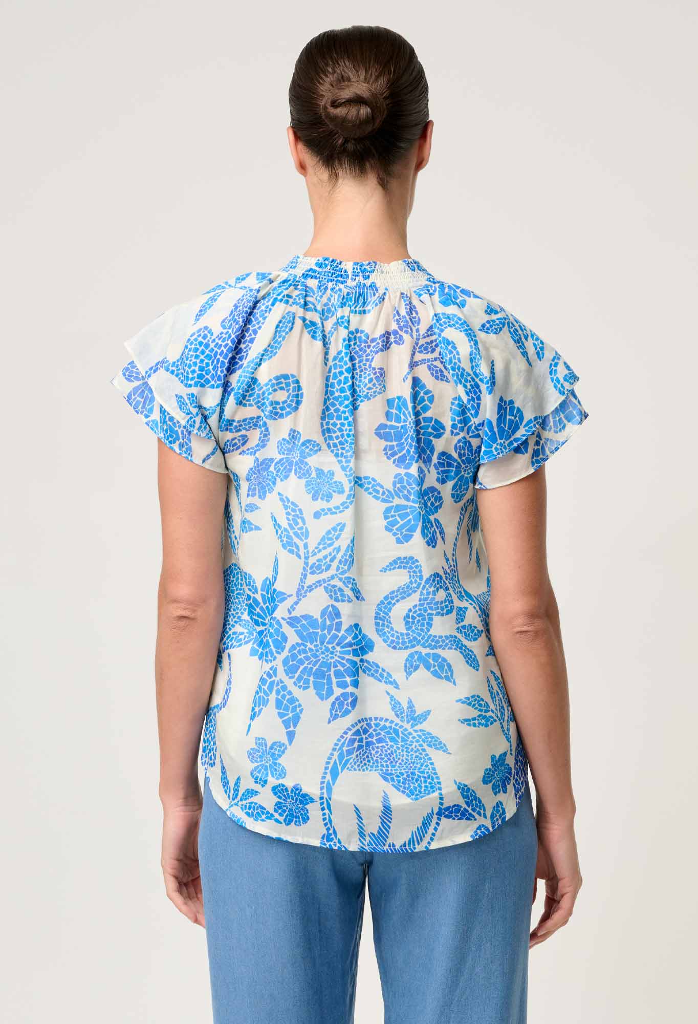Calandra Flutter Sleeve Top Azure Mosaic Once Was