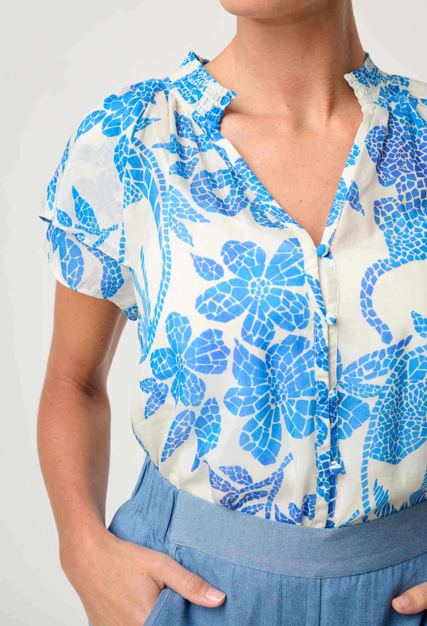 Calandra Flutter Sleeve Top Azure Mosaic Once Was