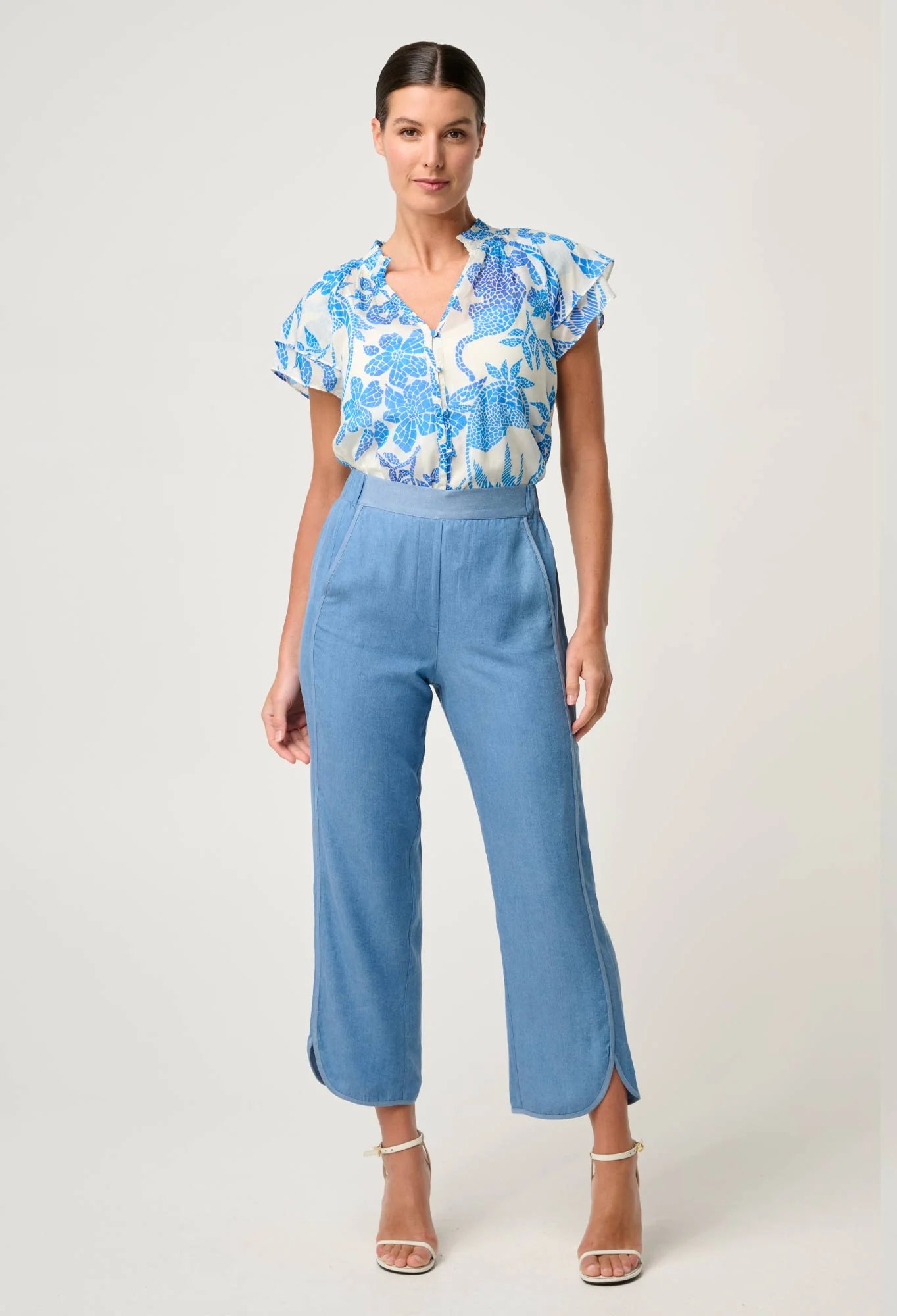 Calandra Flutter Sleeve Top Azure Mosaic Once Was