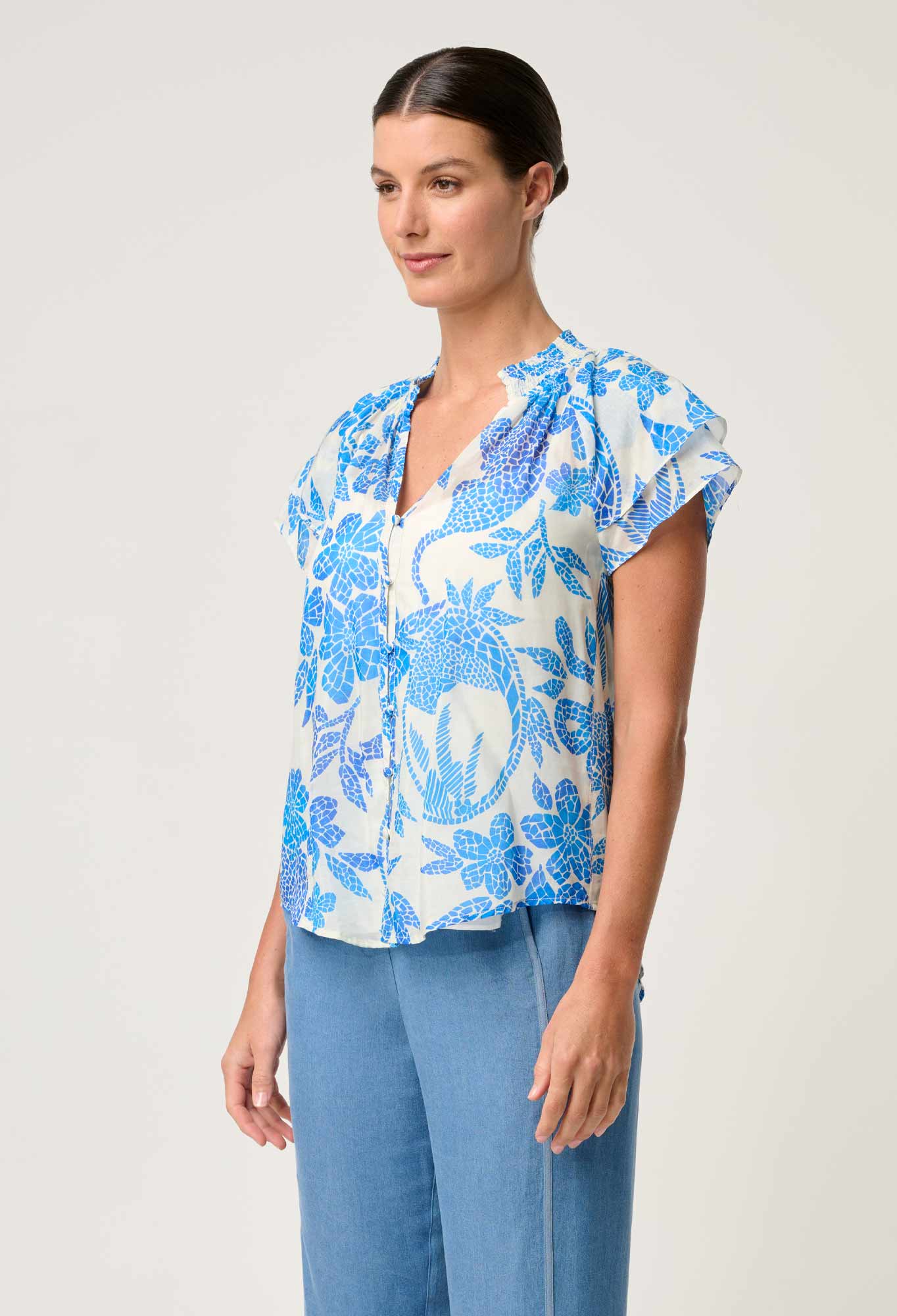 Calandra Flutter Sleeve Top Azure Mosaic Once Was