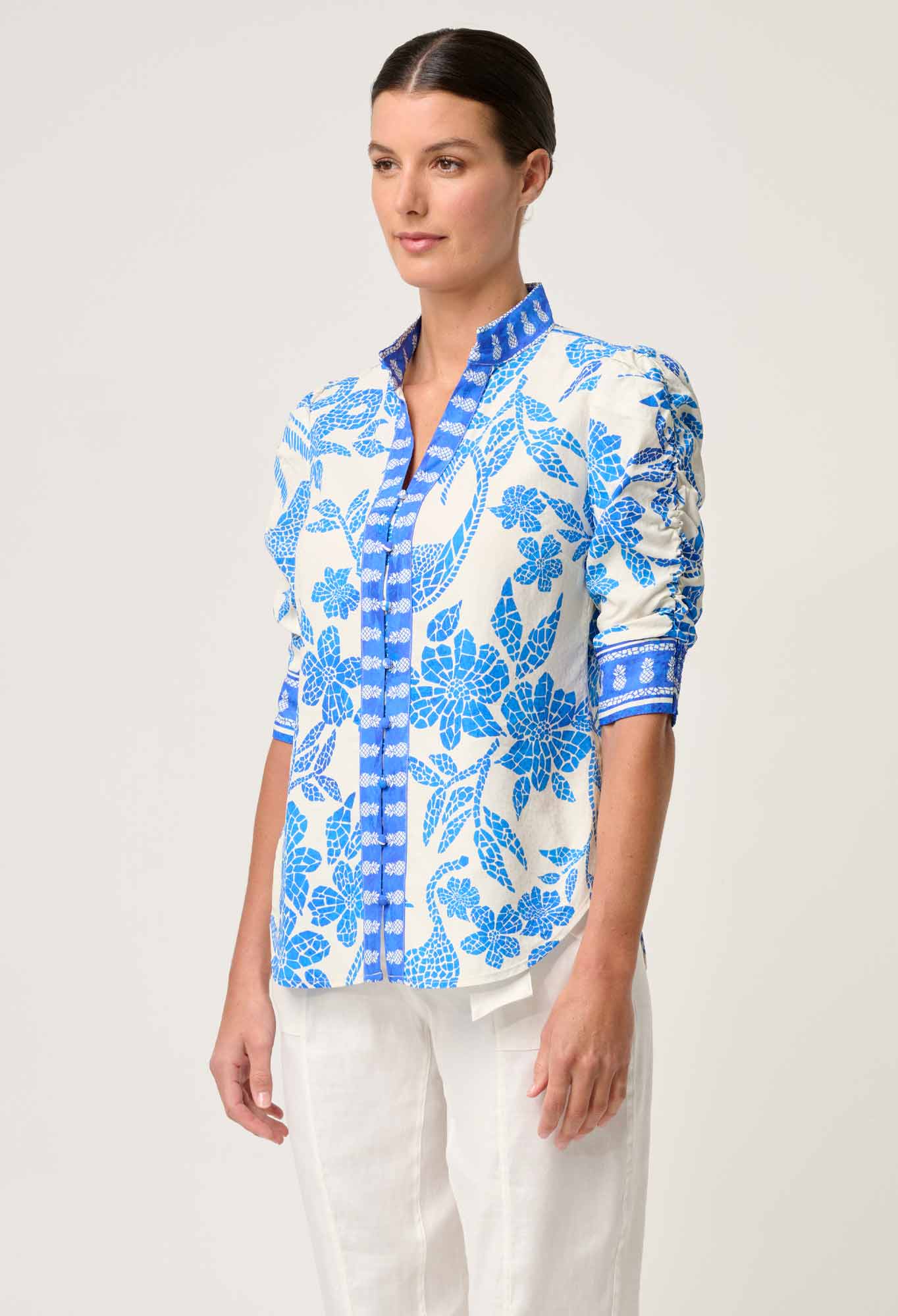 Calantha Dobby Rouched Shirt Azure Mosaic Once Was